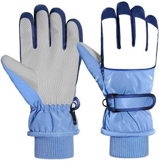 Manopole da sci per bambini acqua e vento resistenti, termiche, con manica elastica, palmo in PU e disegno colorato, manopole da sci per bambini invernali