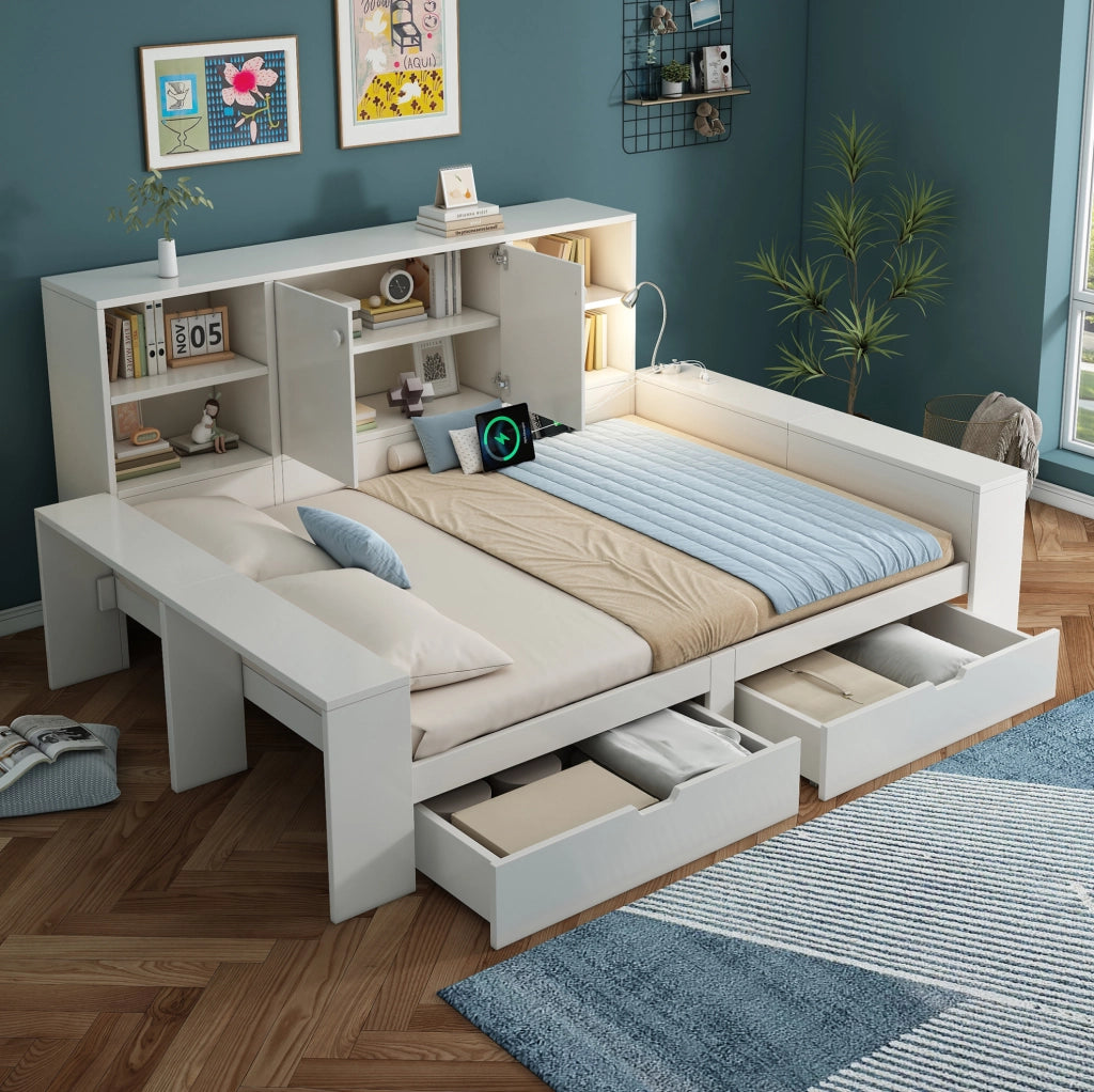 Letto 140x200 cm con cassetti, vani contenitivi e prese USB/USB-C