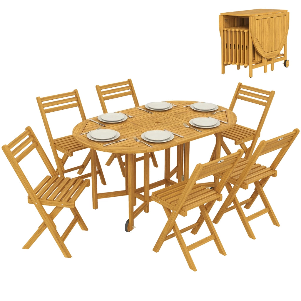 Set Pranzo 7 Pezzi, Tavolo Estensibile Legno e 6 Sedie Pieghevoli per Giardino