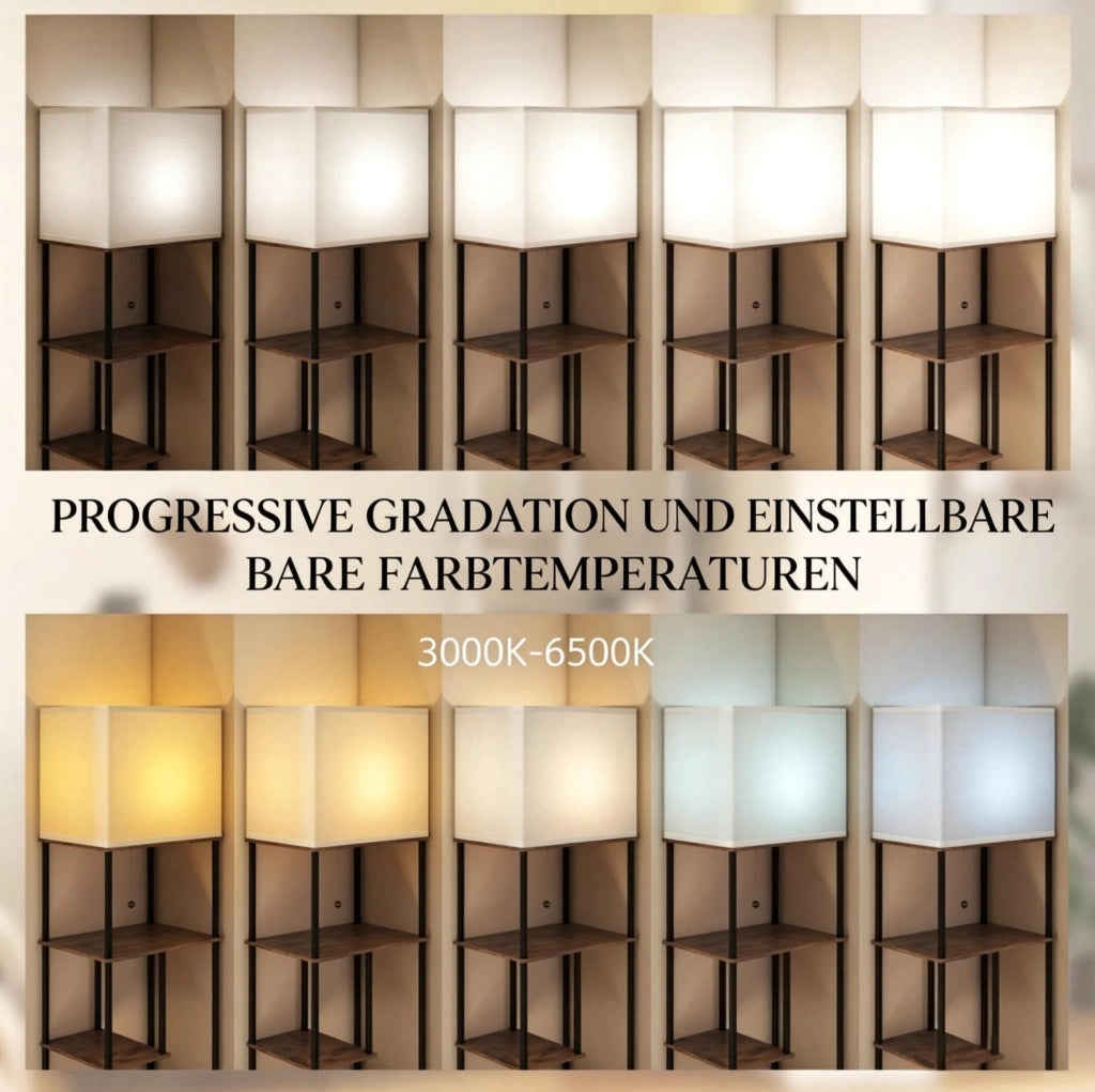 Lampada da terra dimmerabile con 5 ripiani; telecomando; MDF e metallo; beige e nero