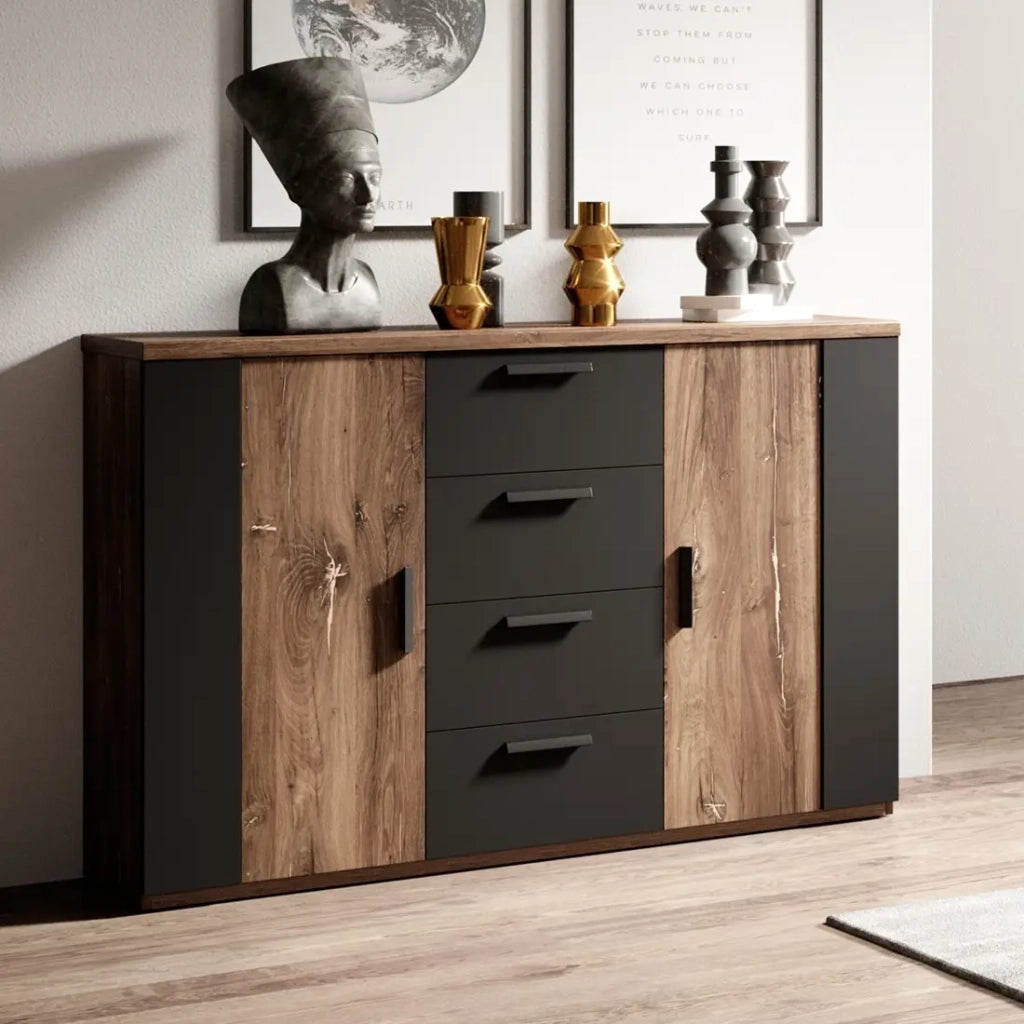 Credenza design 2 porte e 4 cassetti – 130 cm – Rovere scuro e nero – Collezione FOX