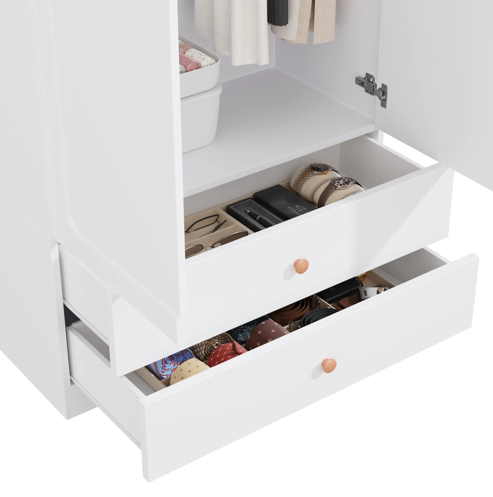 Armadio guardaroba bianco 200 x 135 x 45 cm con 2 aste e 2 cassetti