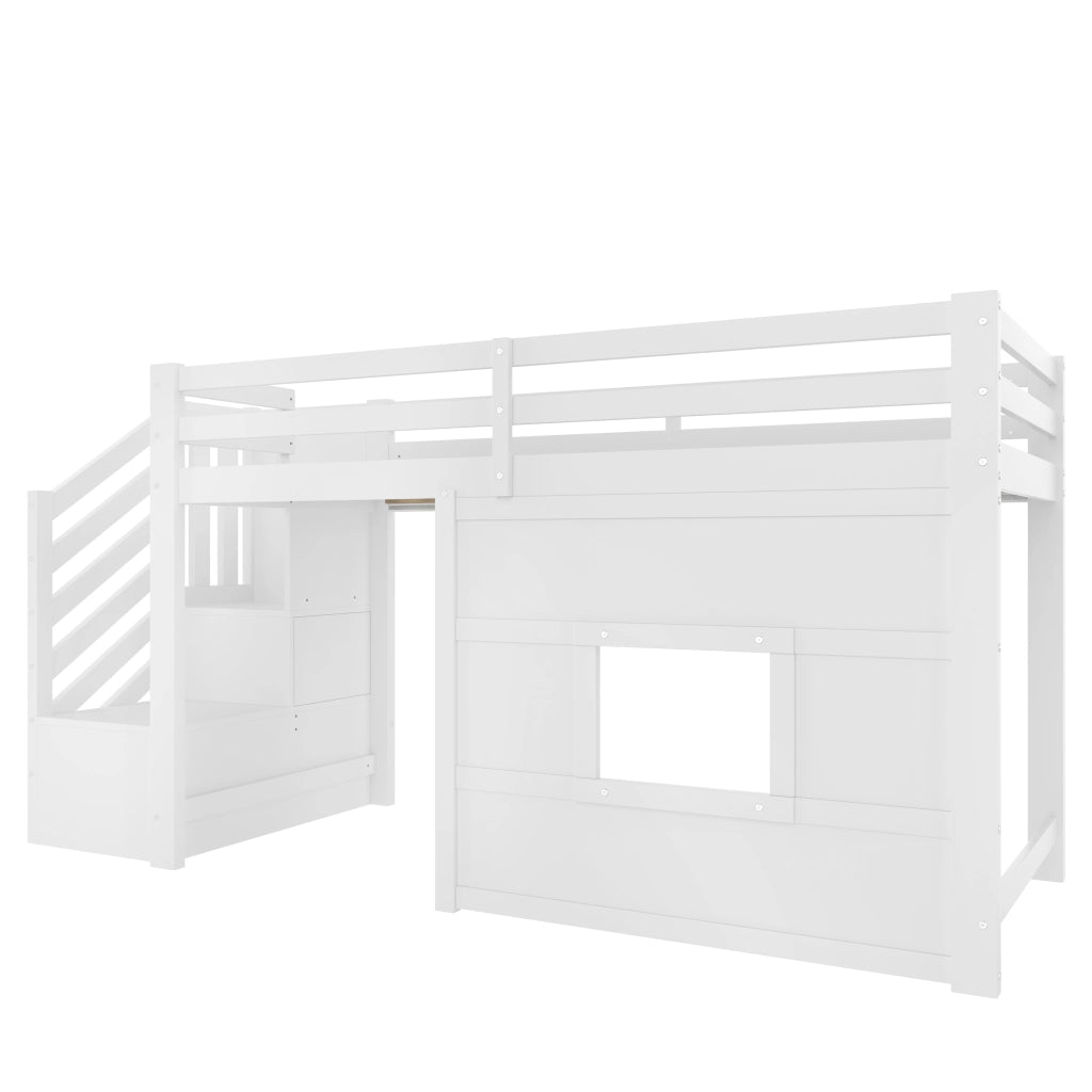 LETTO A CASTELLO 90 x 200 cm con scala contenitore, finestra e LED, Bianco
