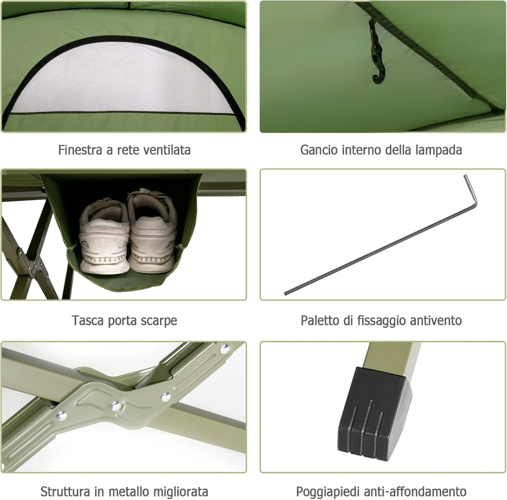 4 in 1 Tenda da Campeggio Rialzata per 2 Persone, Letto Brandina da Campeggio Pieghevole con Materasso Gonfiabile Automatico, Tenda a Doppio Strato Impermeabile e Antivento con Borsa