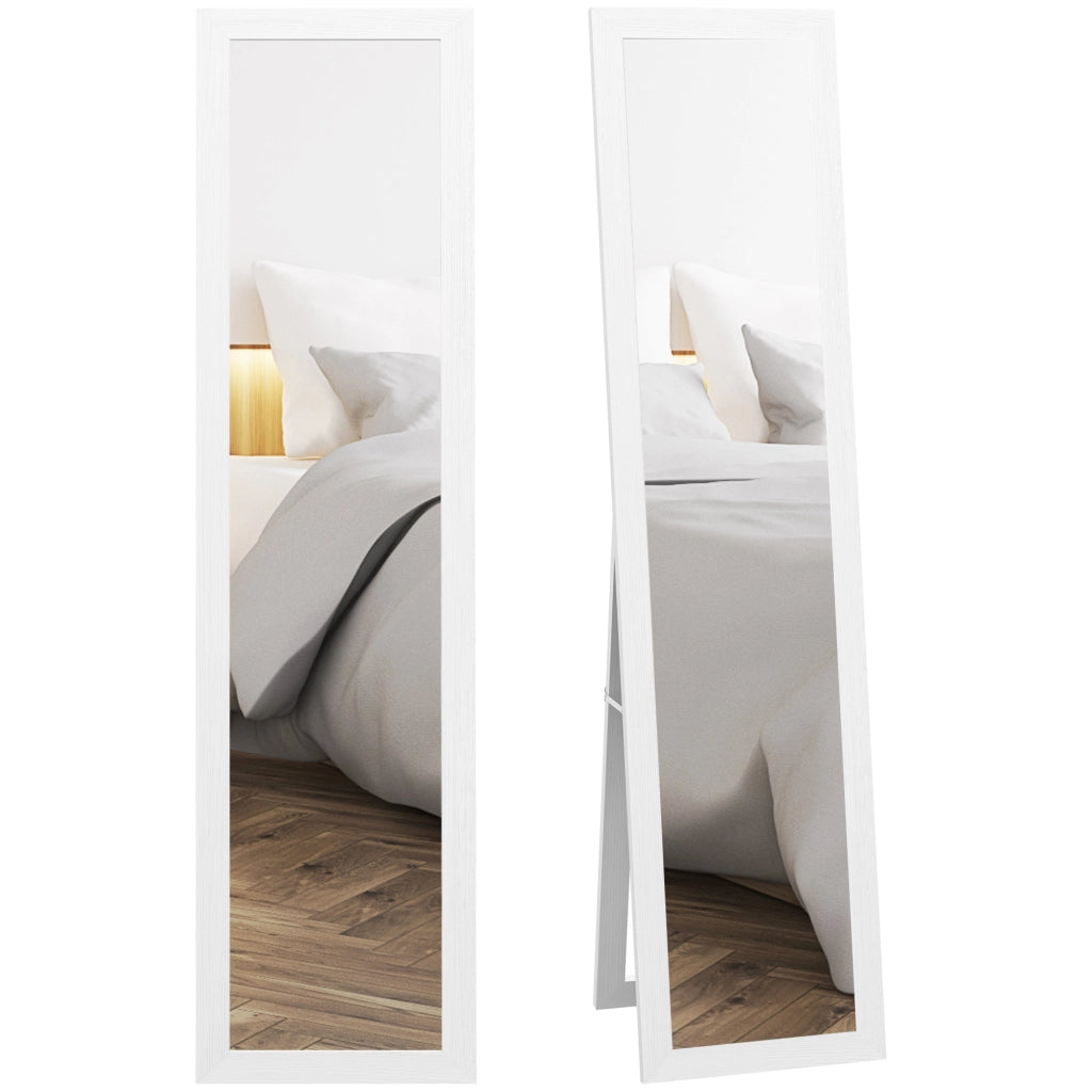 Specchio da Terra con Cornice in MDF con Piedini e Ganci, Specchio Moderno per Utilizzo a Parete, 37x40x155 cm, Bianco e Trasparente