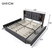 Letto matrimoniale imbottito - Xylo - 160x200cm - Beige - Con 4 cassetti e ricarica wireless USB