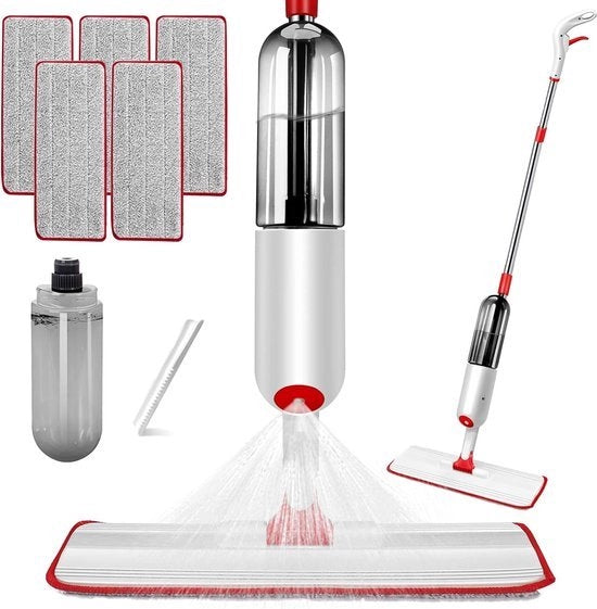 Spazzolino a spruzzo, 500 ml con funzione di asciugatura per pulizia pavimenti, 127 cm con serbatoio acqua con 5 pad di microfibra riciclabile
