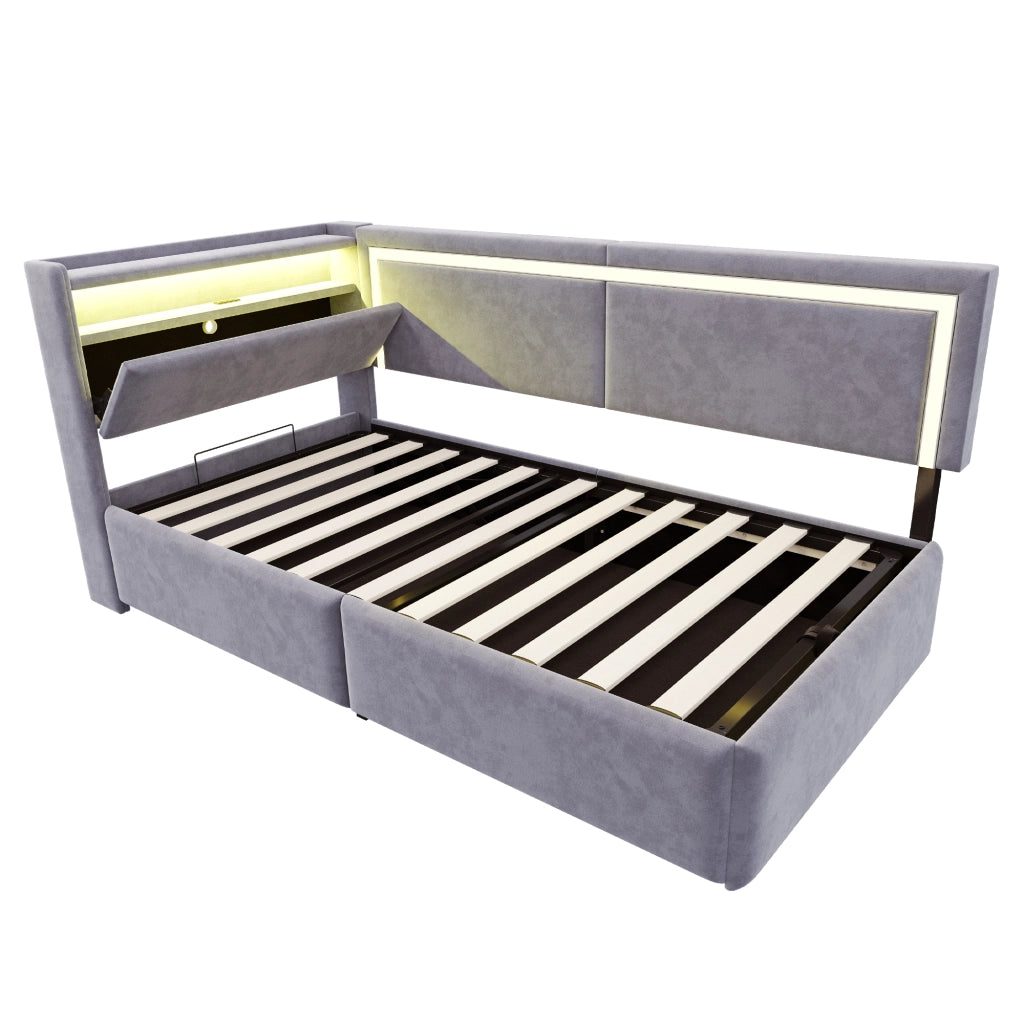 DESMIU Lit simple 90 × 200 cm con contenimento, LED, USB, senza materasso, in velluto, grigio chiaro