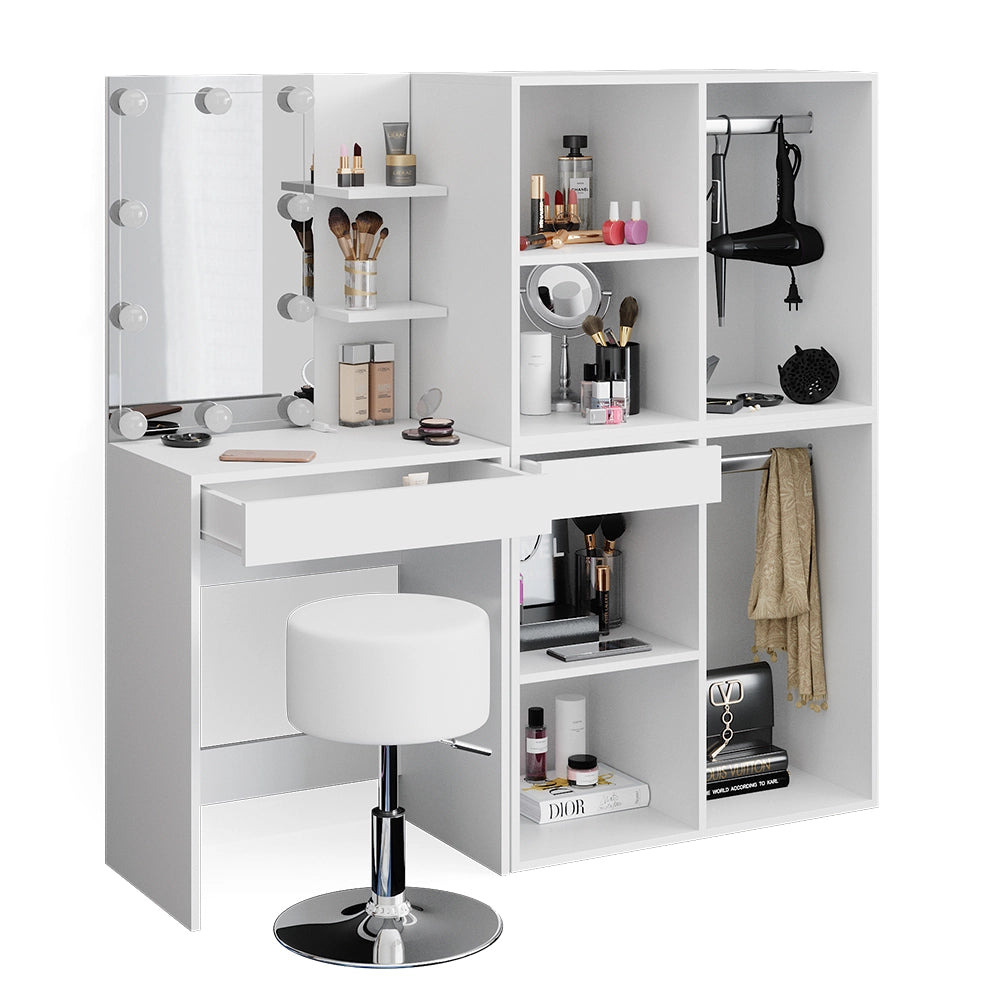 Vicco Tavolo da toeletta Bianco 140 cm con LED, sgabello e armadio