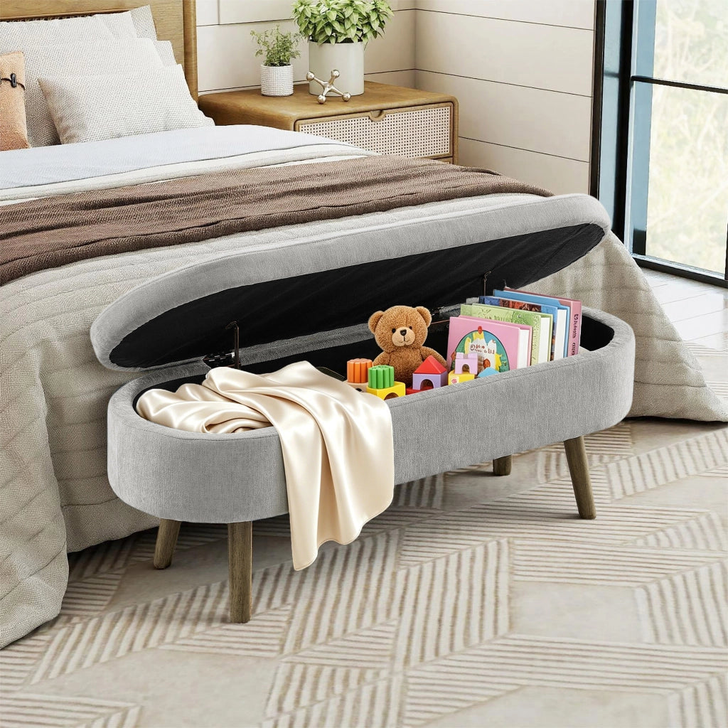 Panca contenitore in tessuto chenille con coperchio ammortizzato e struttura in legno grigio 110 × 40 × 42 cm