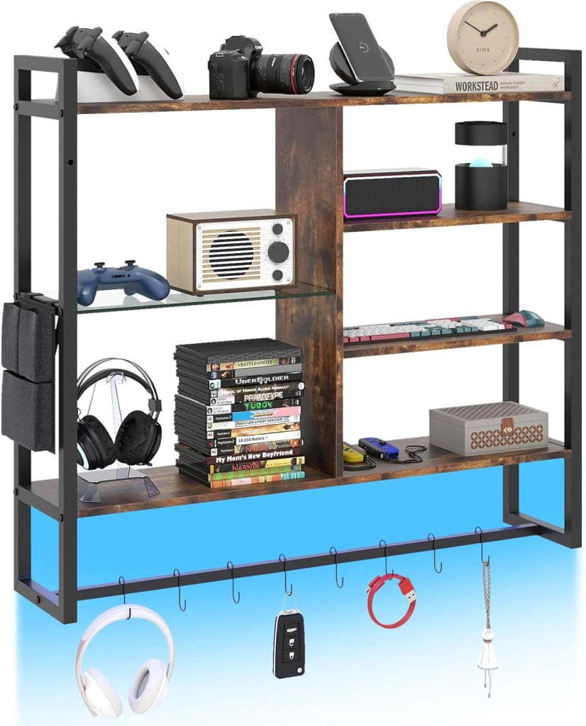 Mensola da Parete 107 cm, Scaffale a 6 Livelli con Luci LED, Controllo Remoto e APP, 8 Ganci a S e Tasca Laterale Rimovibile, Espositori per Bar Cucina Salotto Bagno