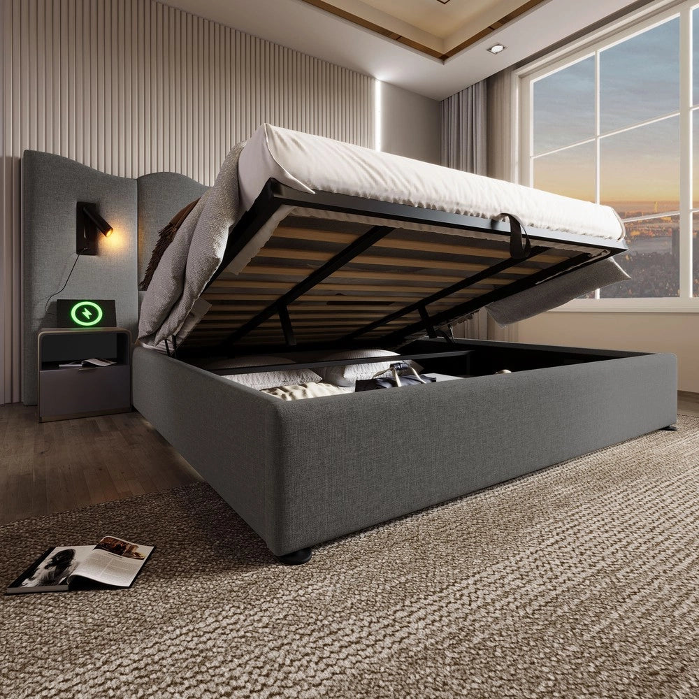 Letto Contenitore Matrimoniale Imbottito con Luce LED e USB ¨C MINIMAL ¨C Grigio, Tessuto, 180x200