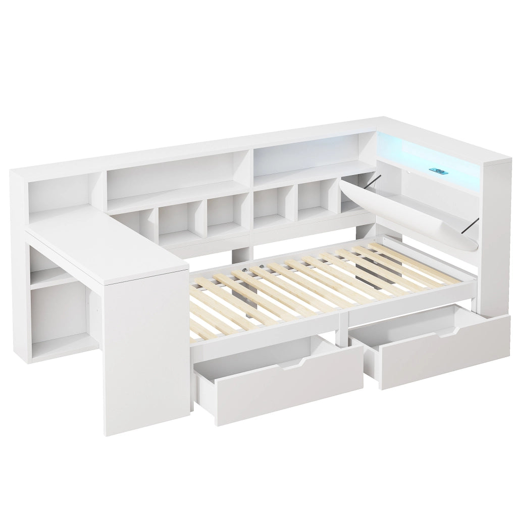 Letto a L con scrivania e libreria integrata 90x200 cm in MDF e multistrato; bianco