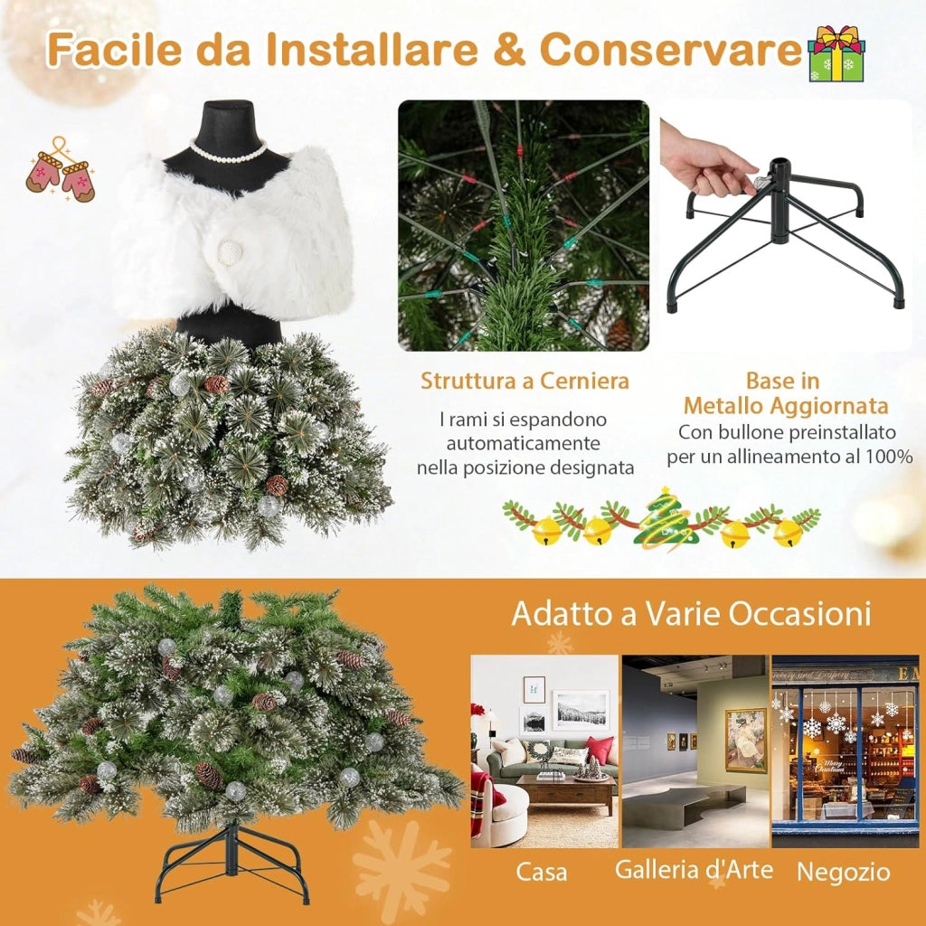 Albero di Natale Artificiale 150 CM con Manichino Pre-Illuminato, Albero di Natale a Forma di Abito con 465 Punte di Rami, 50 Luci a LED, 36 Pigne, Scialle, Collana