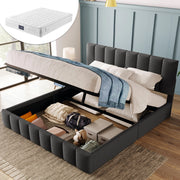Letto matrimoniale imbottito 140x200 cm con contenitore idraulico, testiera regolabile e materasso, grigio