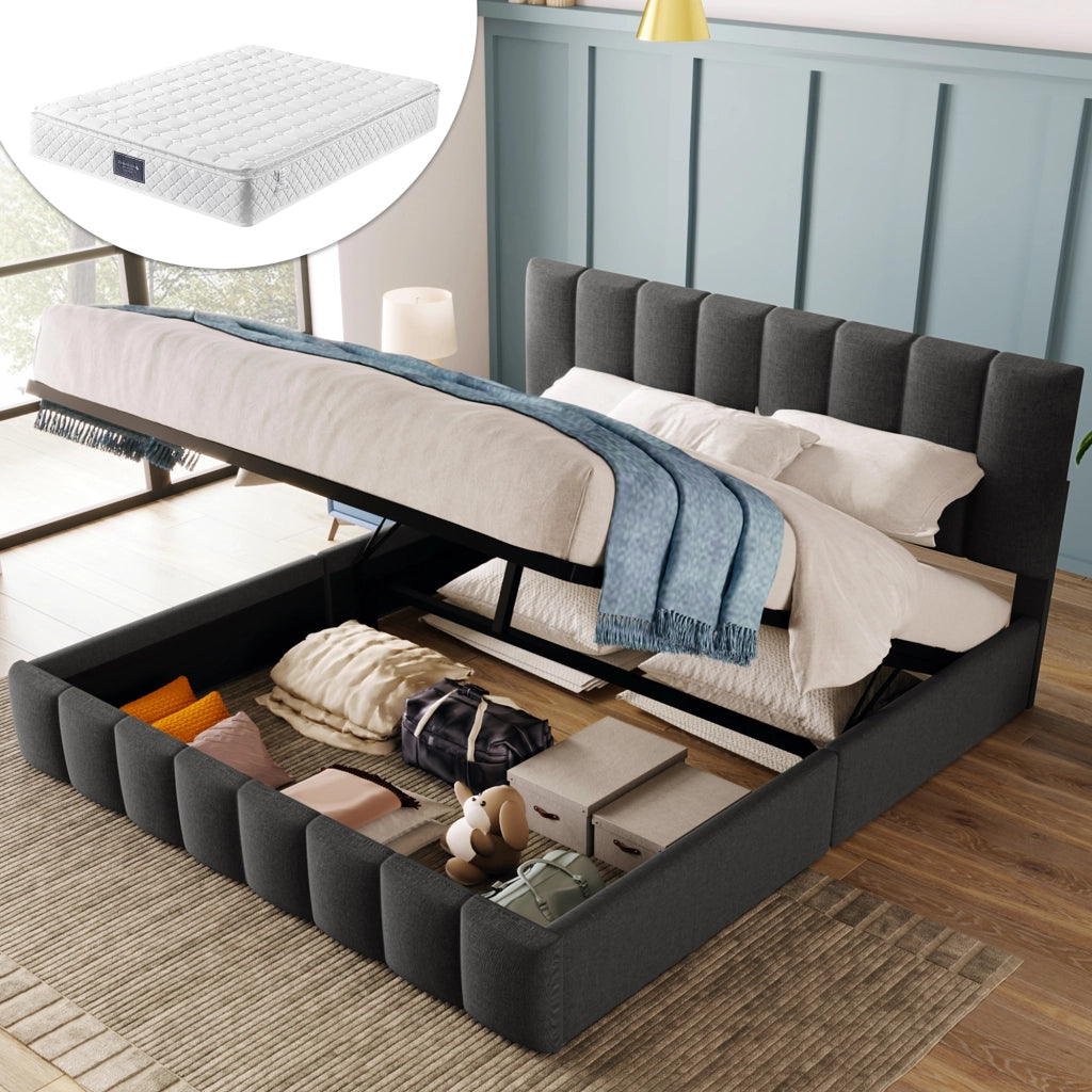 Letto matrimoniale imbottito 140x200 cm con contenitore idraulico, testiera regolabile e materasso, grigio