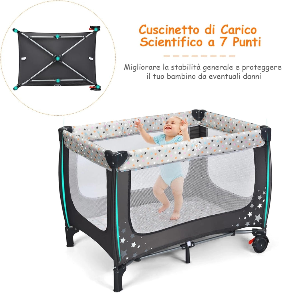 Lettino da Campeggio con Materasso, Lettino da Campeggio per Neonati, Culla da Viaggio Portatile con 2 Ruote, Borsa, per Bambini 0-36 Mesi, 125 x 65 x 76 cm (Grigio)