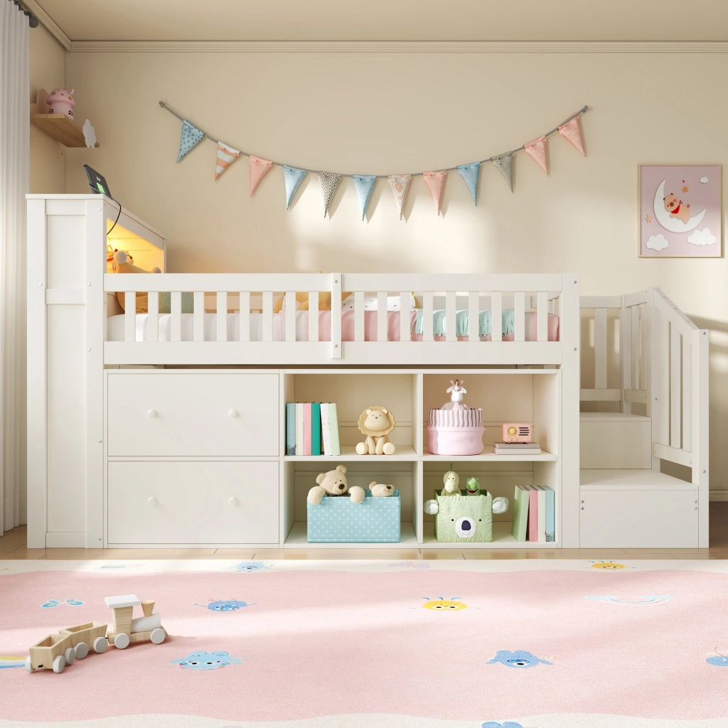 Letto a soppalco singolo 90×200 cm con cassetti; ripiani; scala con vano; LED; USB e Type-C; senza materasso; MDF; bianco