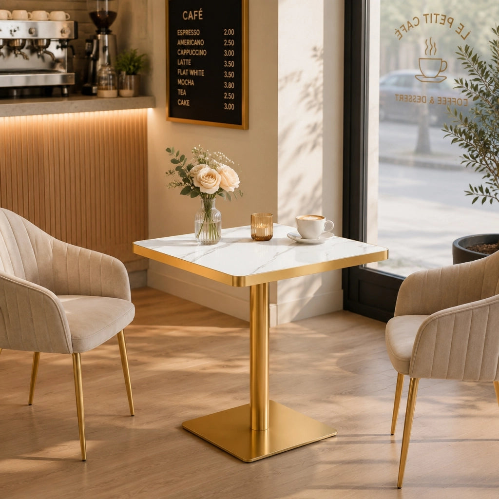 Tavolo da pranzo per 2-4 persone con piano quadrato effetto marmo e bordo oro, struttura in metallo, bianco