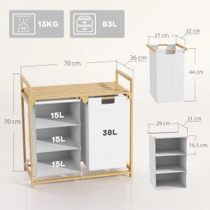 Cesto portabiancheria in bambù con 2 sacchi estraibili e ripiano, 70x36x70 cm, bianco
