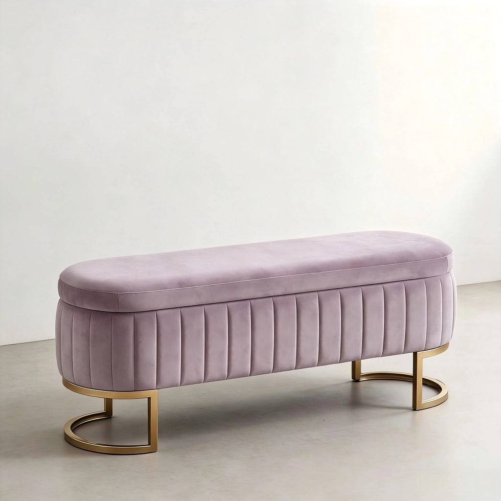 Panca da letto con contenitore in velluto, gambe in metallo dorato e trapuntatura verticale, rosa 130 cm