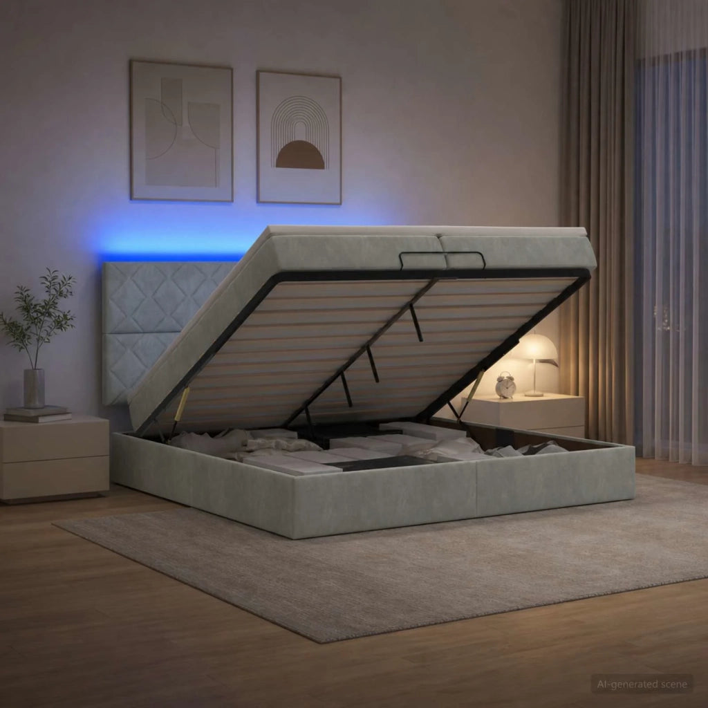Letto Ottomano con Materasso e LED Grigio Chiaro 200 x 200 cm 3458397