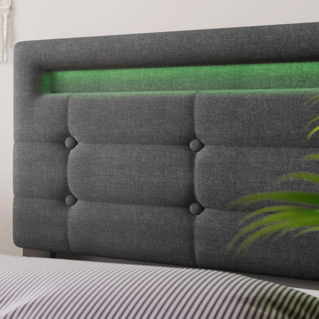 Letto singolo 90x200 cm in lino grigio con LED; 2 cassetti e materasso a molle insacchettate