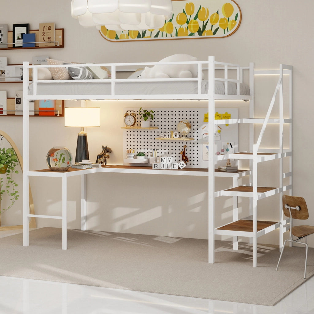 Letto a soppalco 90 × 190 cm con scrivania a L, ripiani e scala con vani, senza materasso, in ferro bianco