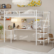Letto a soppalco 90 × 190 cm con scrivania a L, ripiani e scala con vani, senza materasso, in ferro bianco
