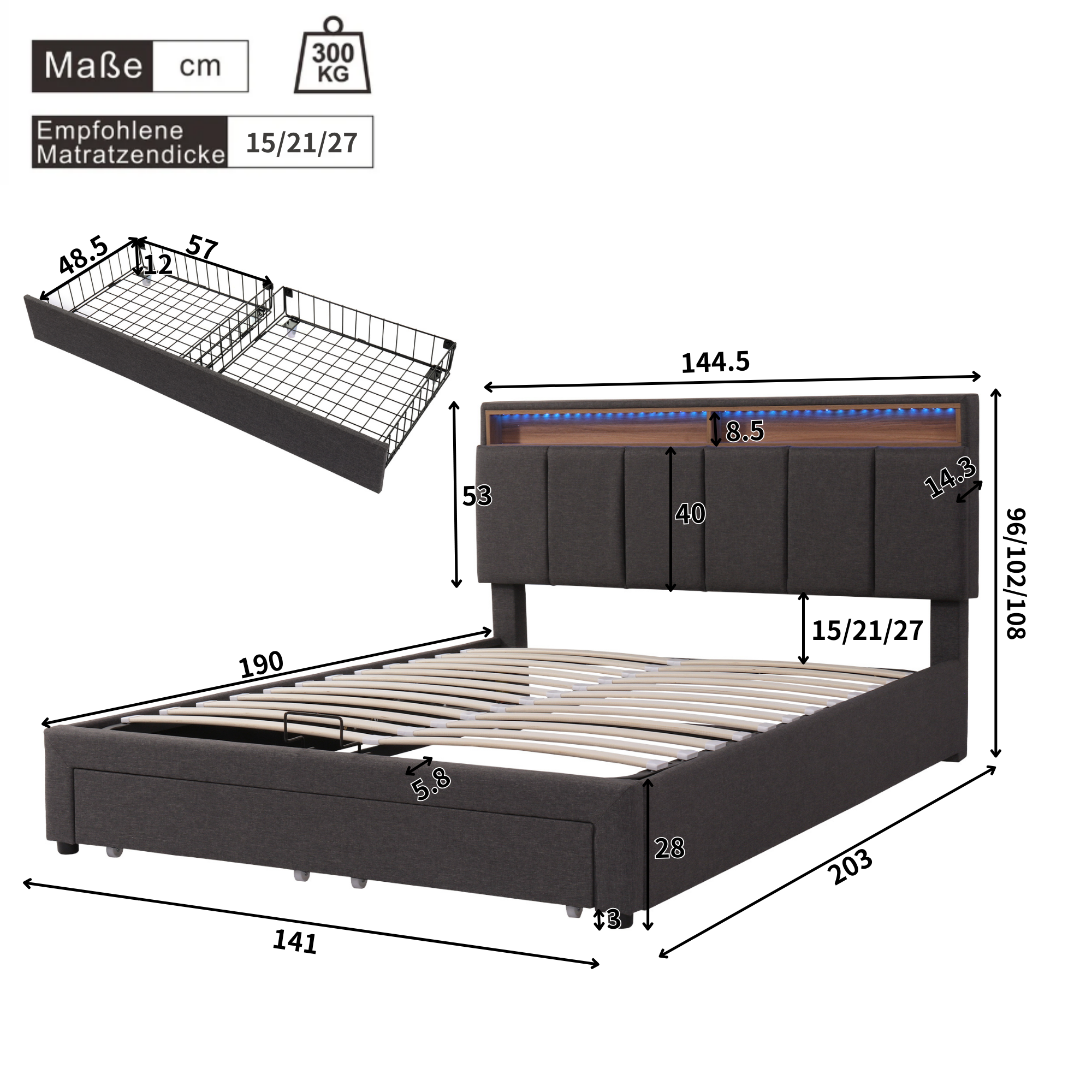 Letto imbottito 140x190 LED idraulico grigio - Xylo