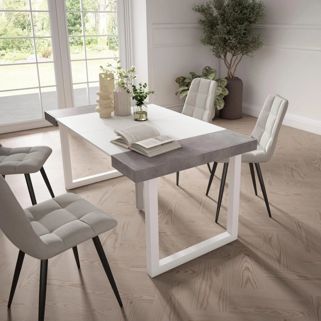 Consolle allungabile, 58 fino 160x90x73cm, Per 8 persone, Gambe in legno, Bianco e grigio cemento RF2746