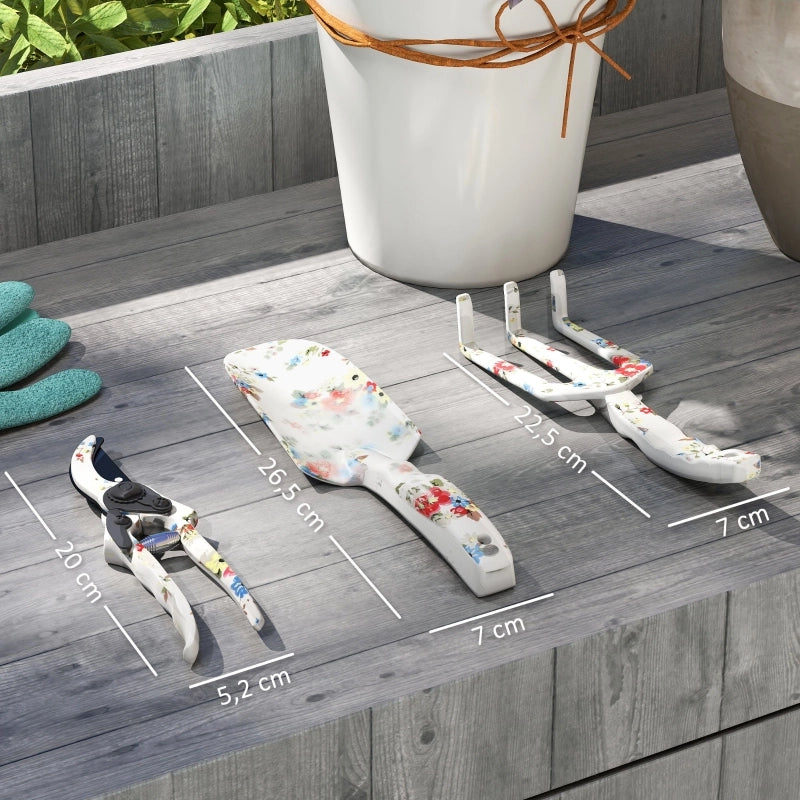 Set da giardinaggio 3 pezzi in alluminio multicolore con cesoie, paletta e rastrello manuale