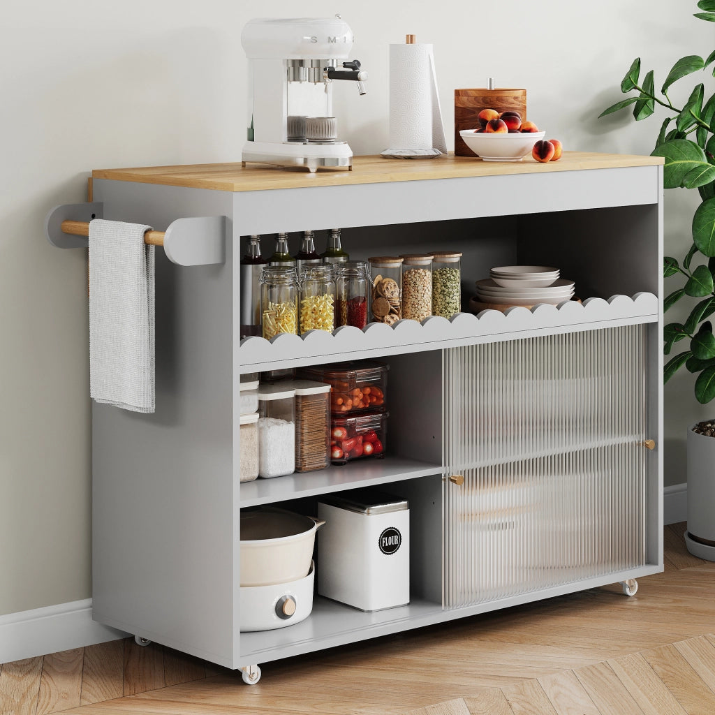 Isola Cucina Mobile 122x46/69x91 cm Grigia con Piano Ribaltabile, Ante in Vetro e 5 Ruote