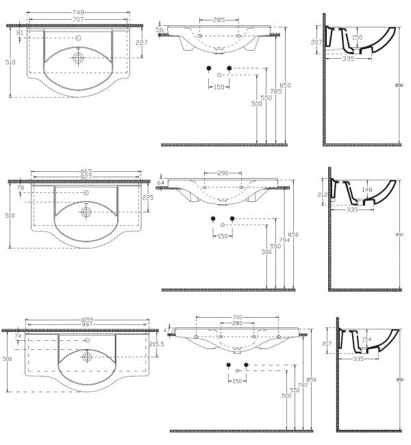 Lavabo a parete Consolle Universale 75 cm 85 cm 105 cm - Misura 75 cm