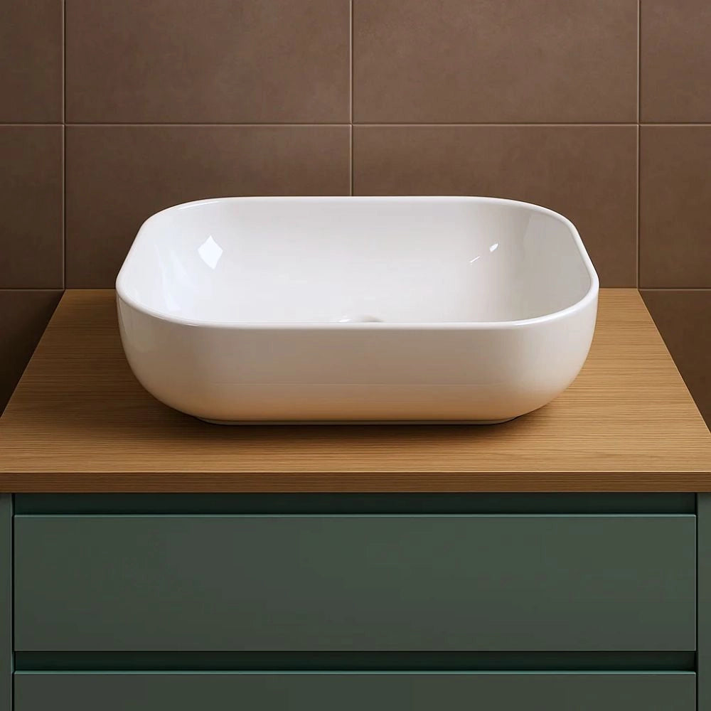 Lavabo da appoggio ceramica bianco rettangolare arredo bagno cm 45,5x32,5x13,5 *** finitura- lucido, confezione 1