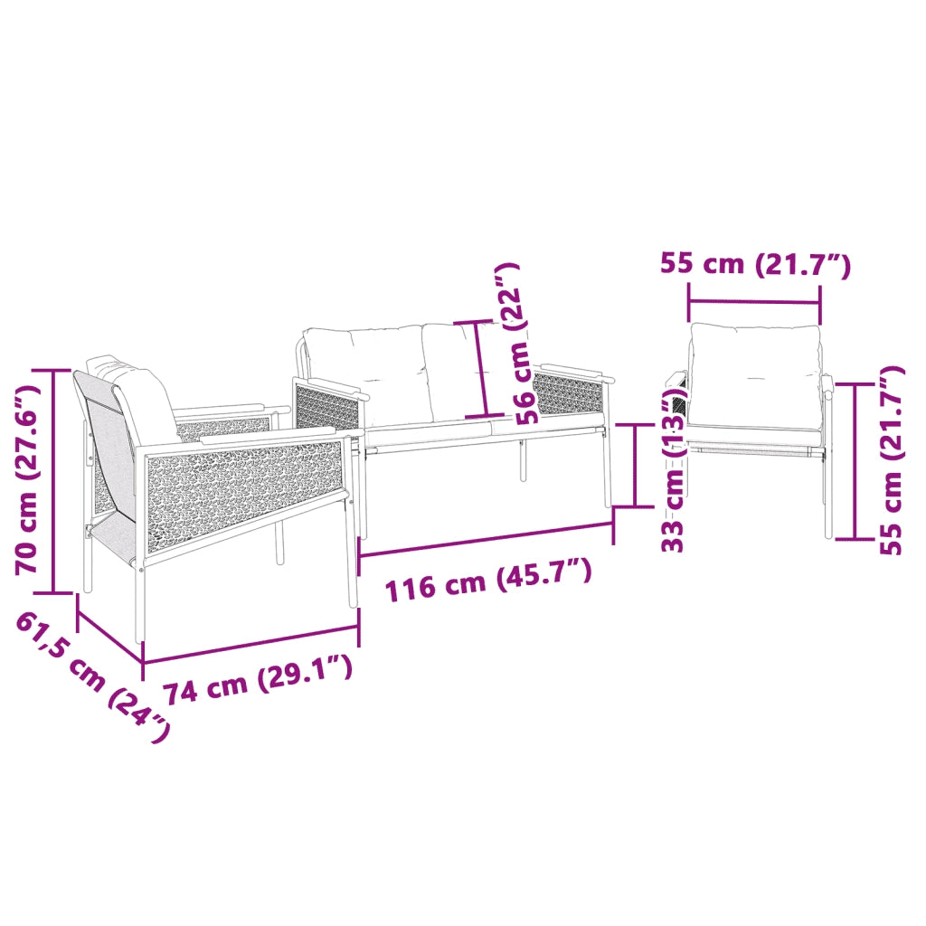 Set Mobili da Balcone 3 pz con Cuscini Nero in Acciaio