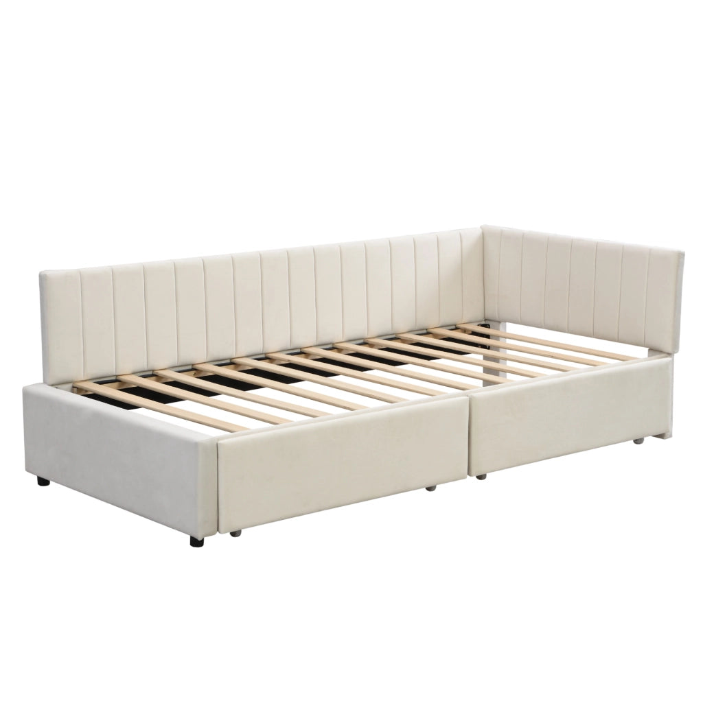 Letto imbottito 90x200 cm con 2 cassetti e rete a doghe beige