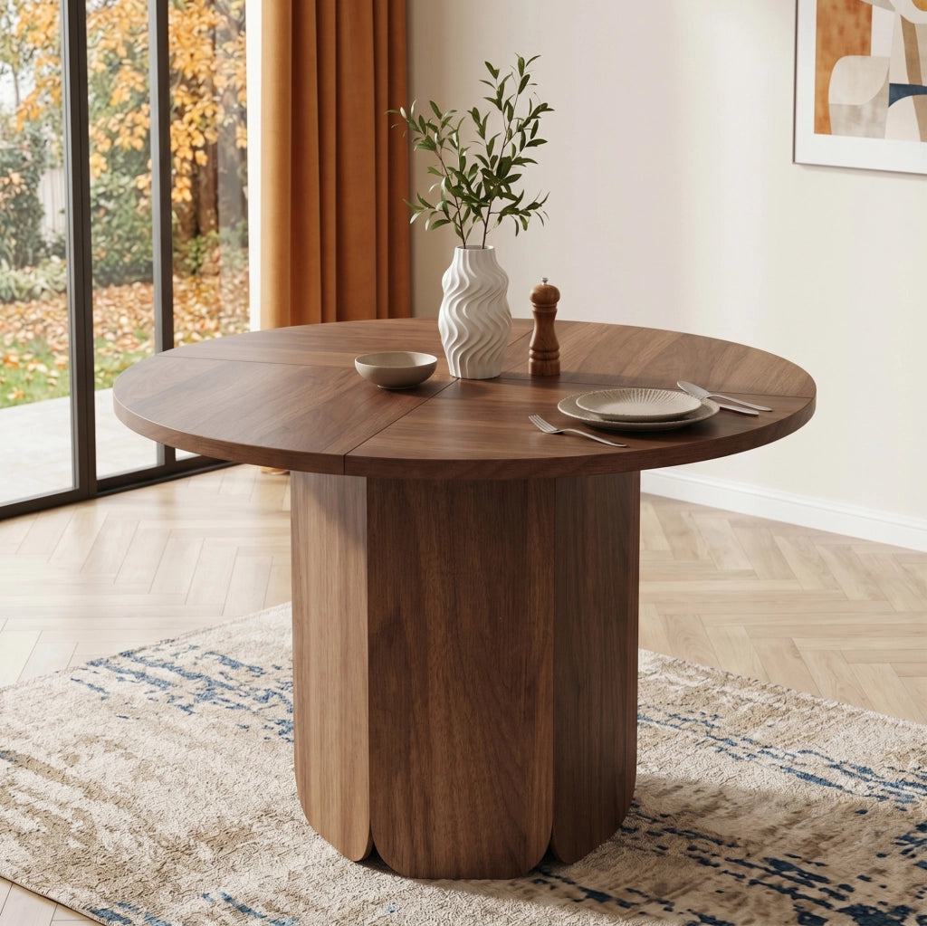 Tavolo da pranzo rotondo 120 cm in MDF colore noce; stile scandinavo; per 4-6 persone