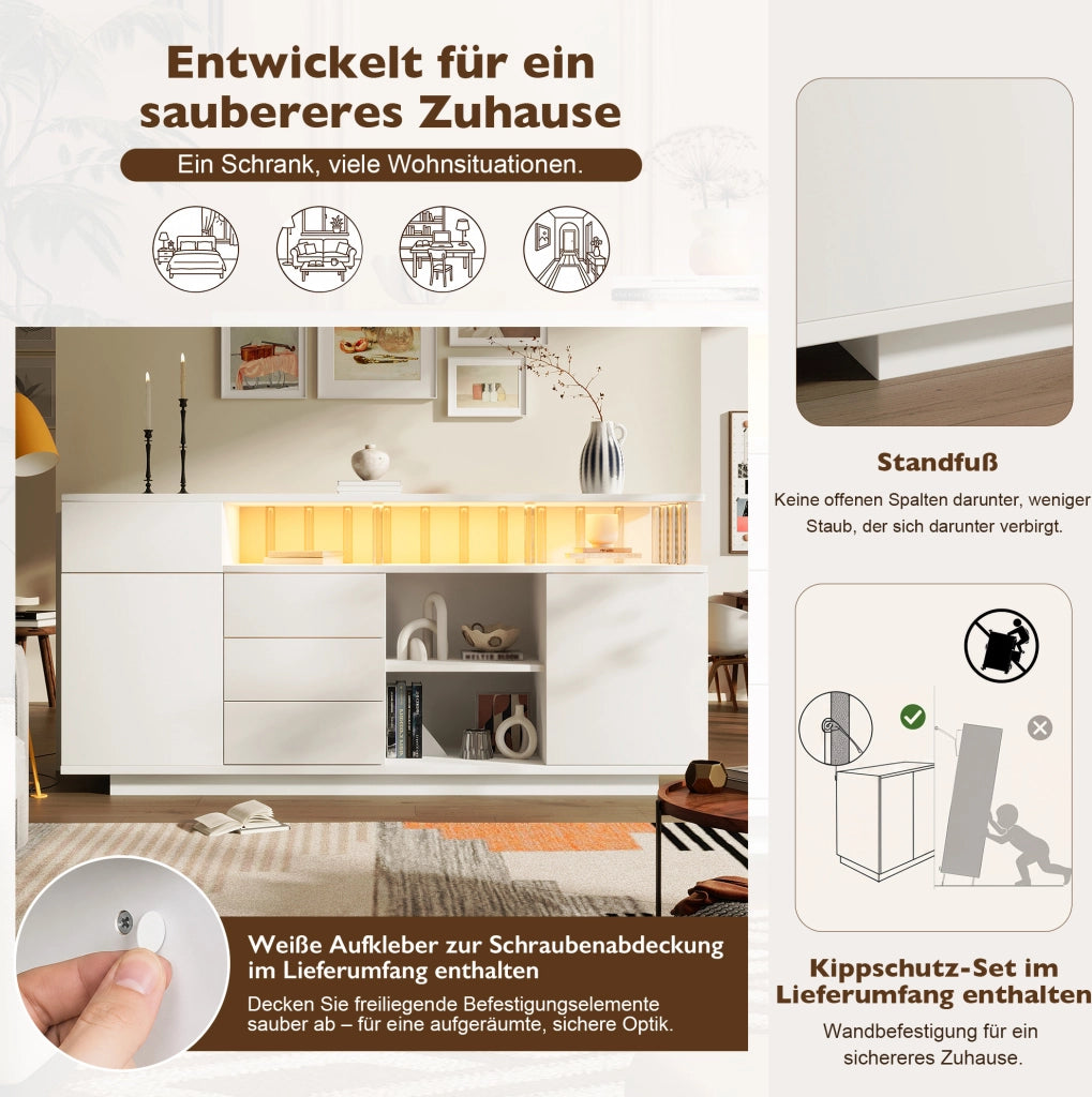 Sideboard bianco 160x40x75 cm con LED, 4 cassetti e 2 ante