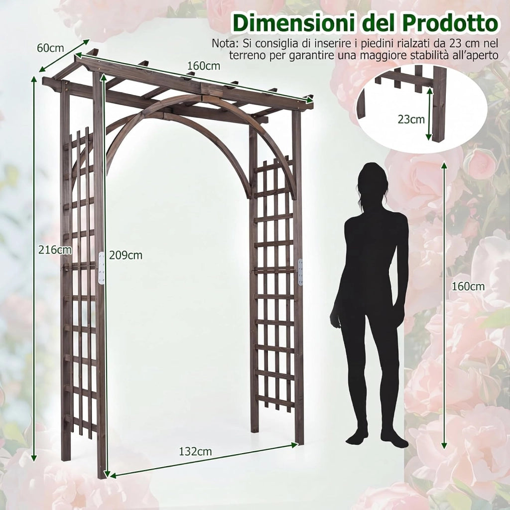 Arco da Giardino, Pergolato per Rampicanti con Tetto Piatto | Pergola in Legno Massello da Ingresso, Viale e Cortile per Matrimonio e Evento, 160 x 60 x 216 cm