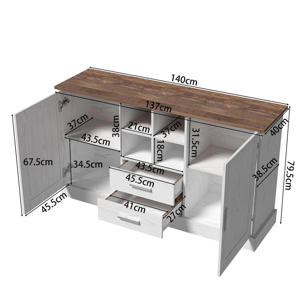 Credenza 140x40x79.5 cm con 2 ante; 2 cassetti e 4 vani aperti