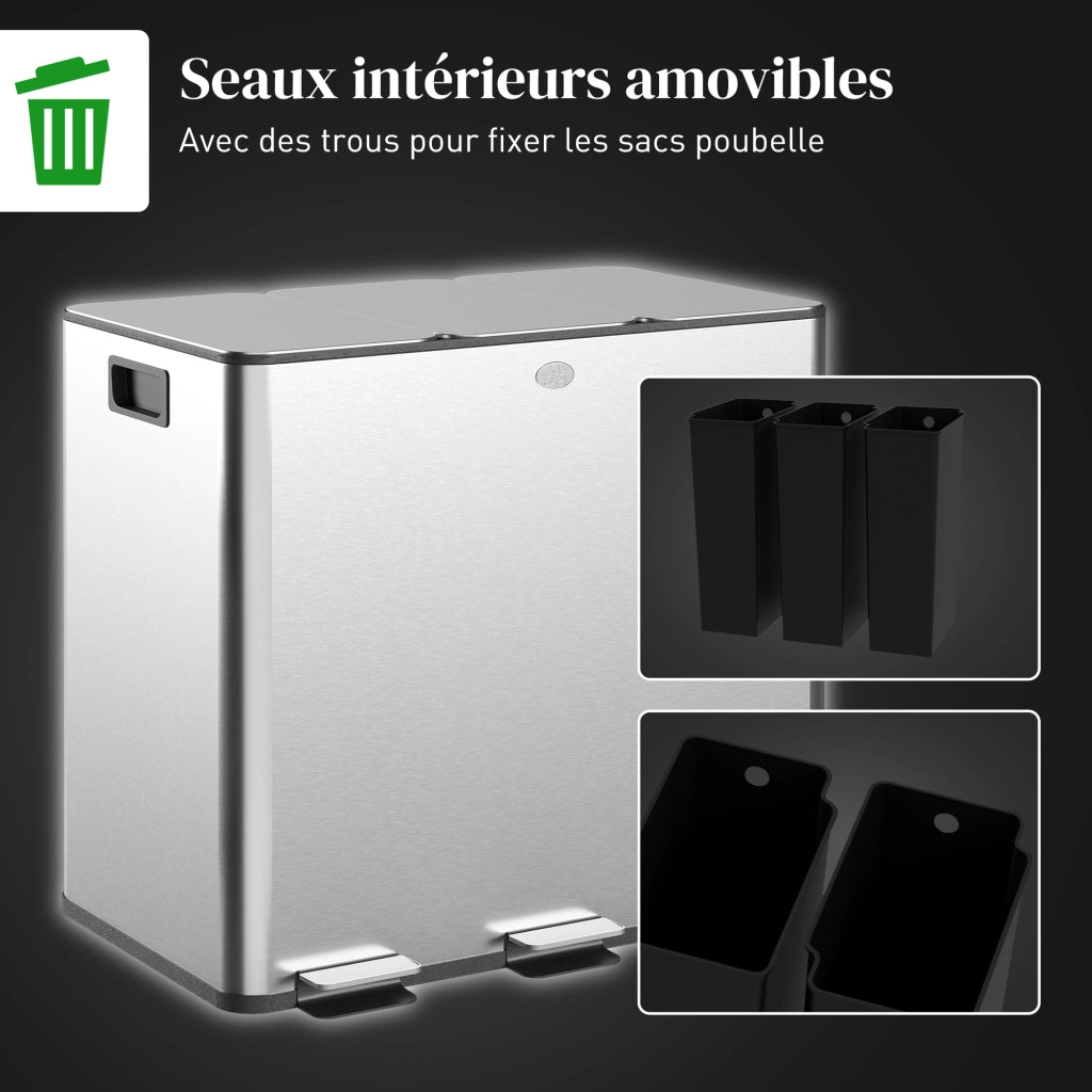 Pattumiera Cucina 3 Scomparti ¨C Xylo ¨C 15L Raccolta Differenziata Argento 61,9x36,6x43,2cm