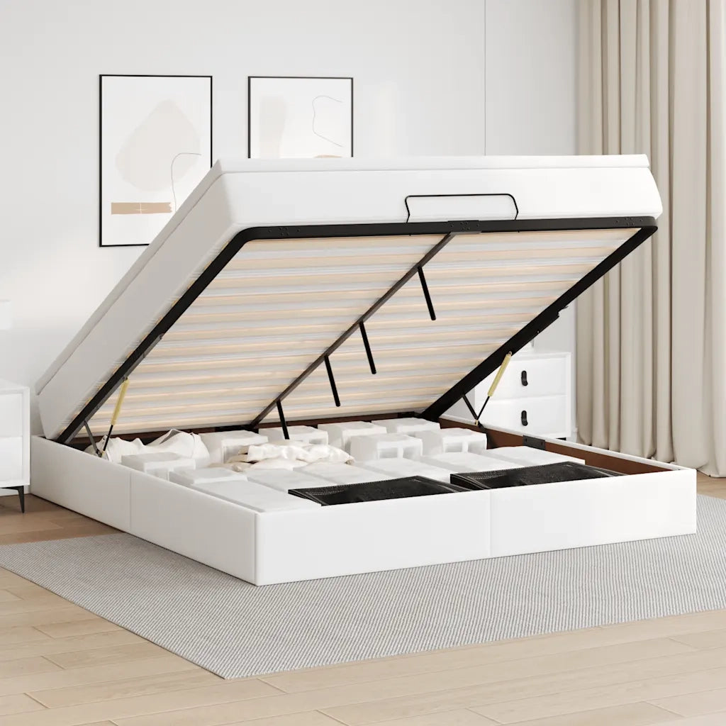 Struttura Letto Pouf con Materasso Bianco 160x200 cm Similpelle 3311047