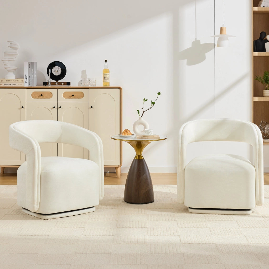 Poltrona girevole 360° in ciniglia bianca, design Barrel Chair