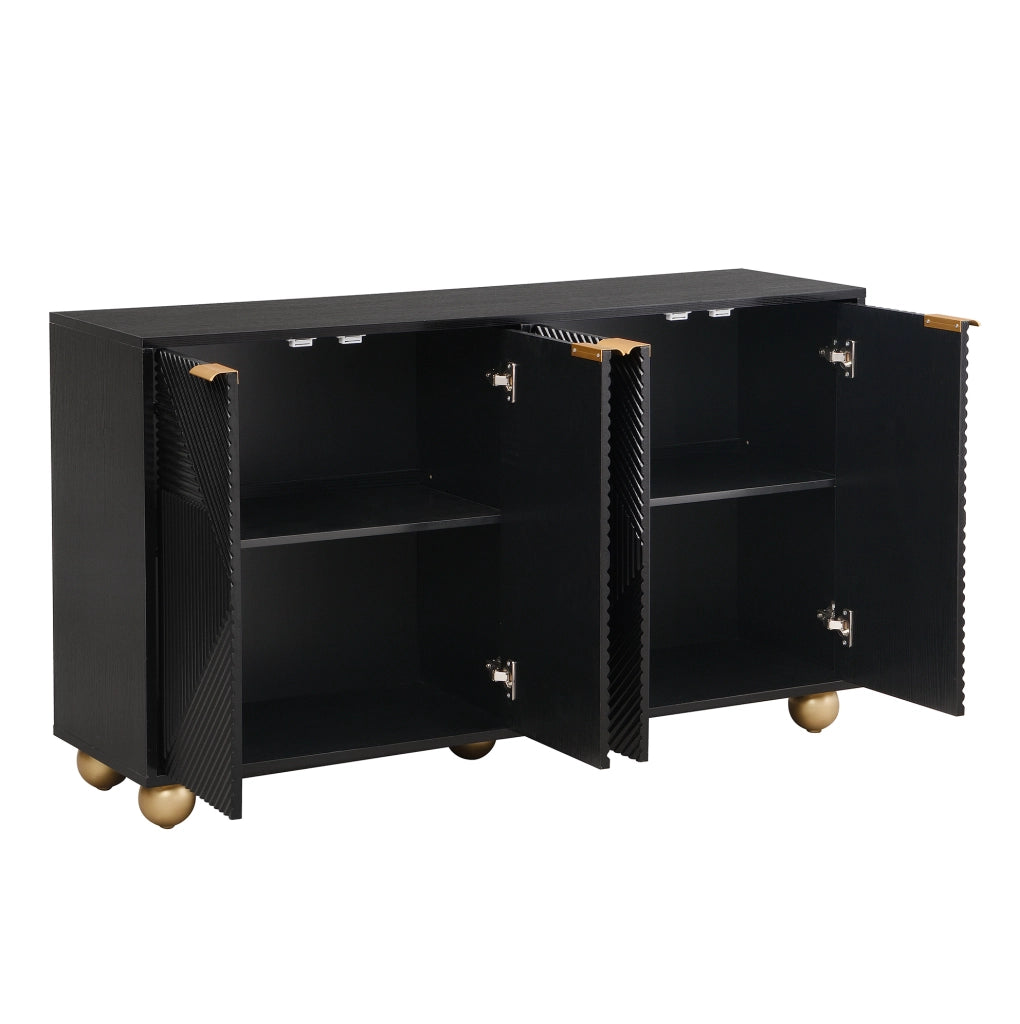 Credenza nera in MDF con 4 ante incise; ripiani interni regolabili e gambe regolabili