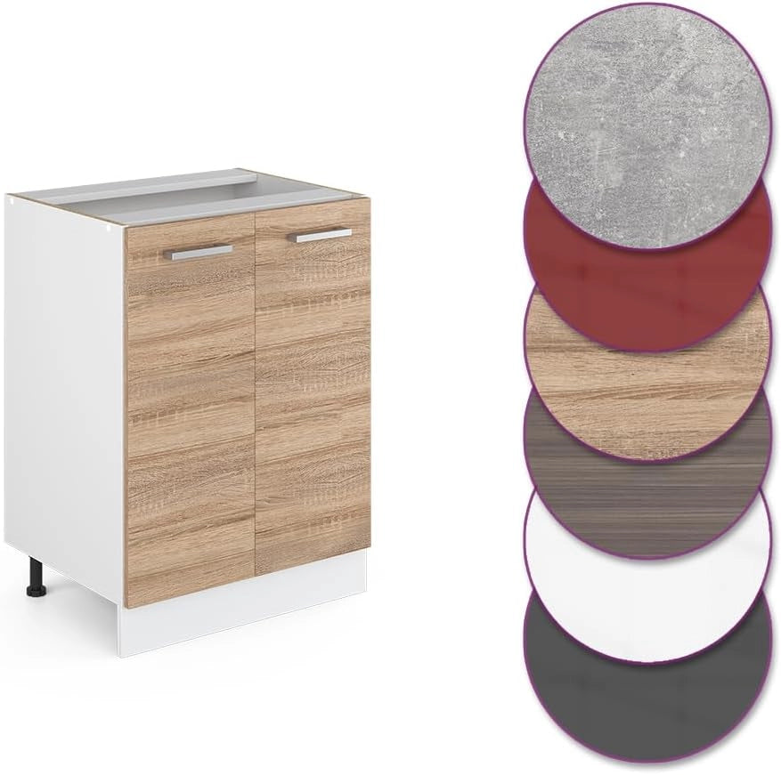 Base universale R-Line, Sonoma, 60 cm con ante, senza piano di lavoro, per la conservazione di utensili domestici e prodotti per la pulizia