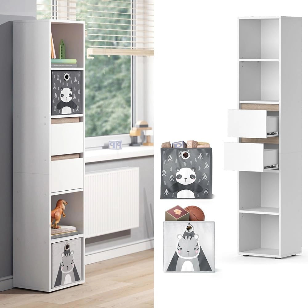 Libreria bambini Robert, Bianco, 36.2 x 171 cm con box pieghevole grigio, adatto per riporre giocattoli e libri