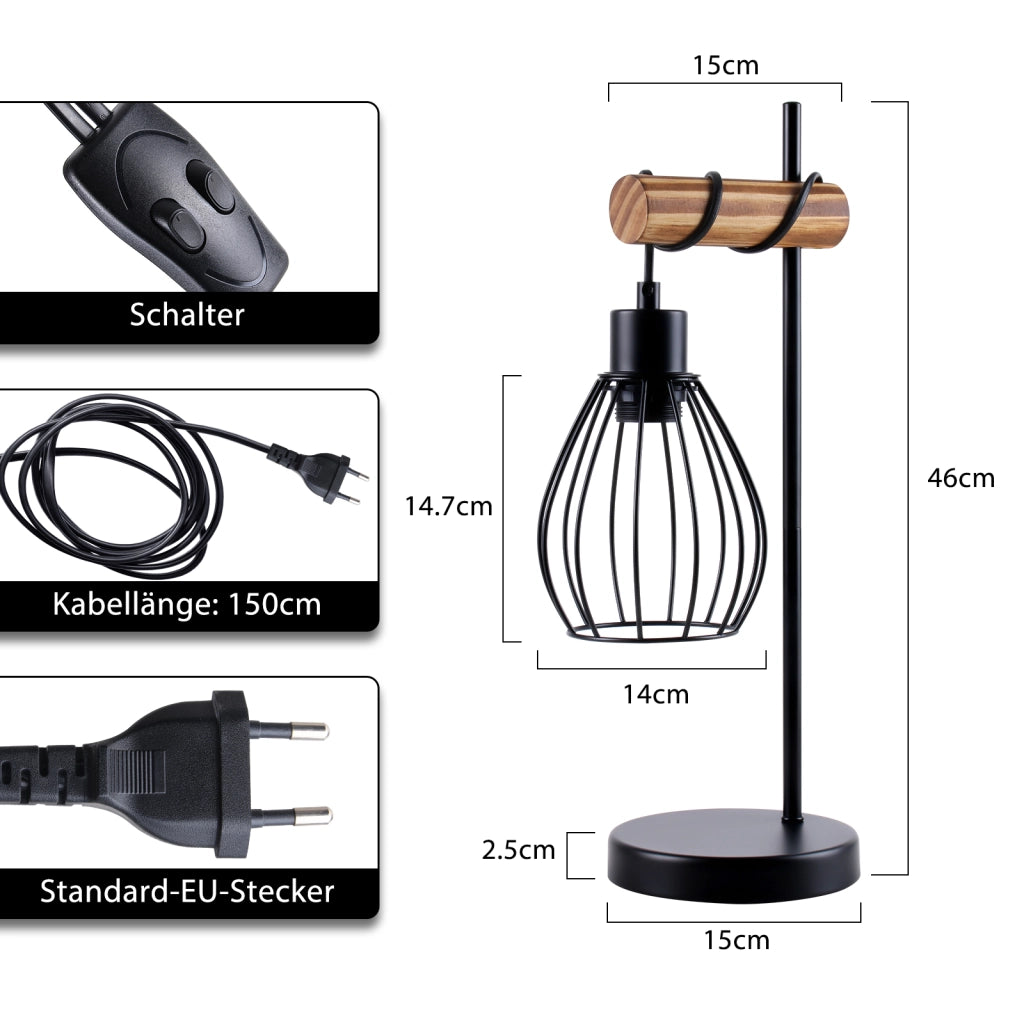 ZMH Lampada da tavolo vintage legno nero industriale metallo E27 senza lampadina per soggiorno ufficio