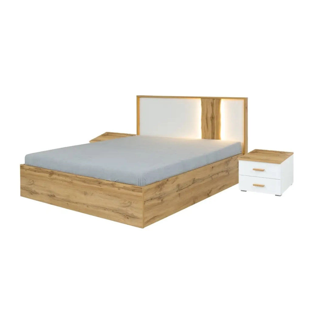 Pack letto contenitore WOOD 180 x 200 cm con 2 comodini – Bianco e quercia – Set camera da letto moderna
