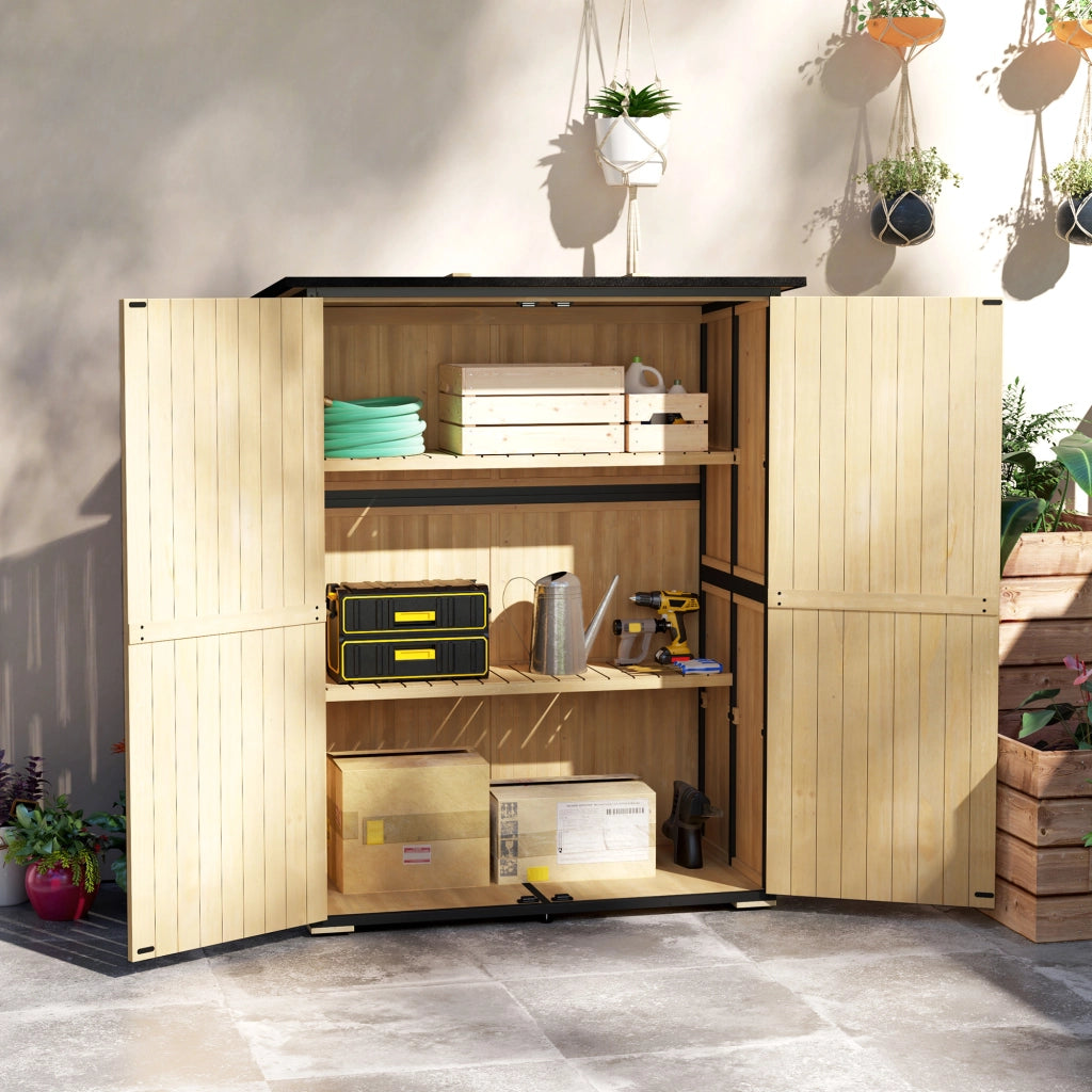 Armadio da giardino in legno e acciaio con tetto in asfalto ¨C zephmum ¨C 2 ripiani, porte bloccabili, colore naturale
